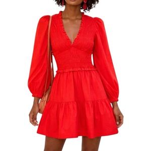Sea New York Red Smocked Mini Dress Puff Sleeve Ruffle Tiered size 2